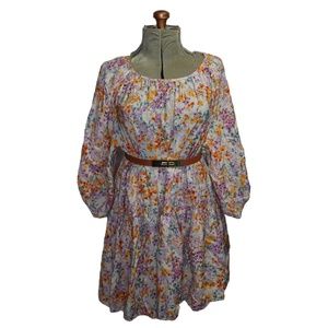 H&M White, Orange & Pink Floral Long Sleeve Dress Size Large